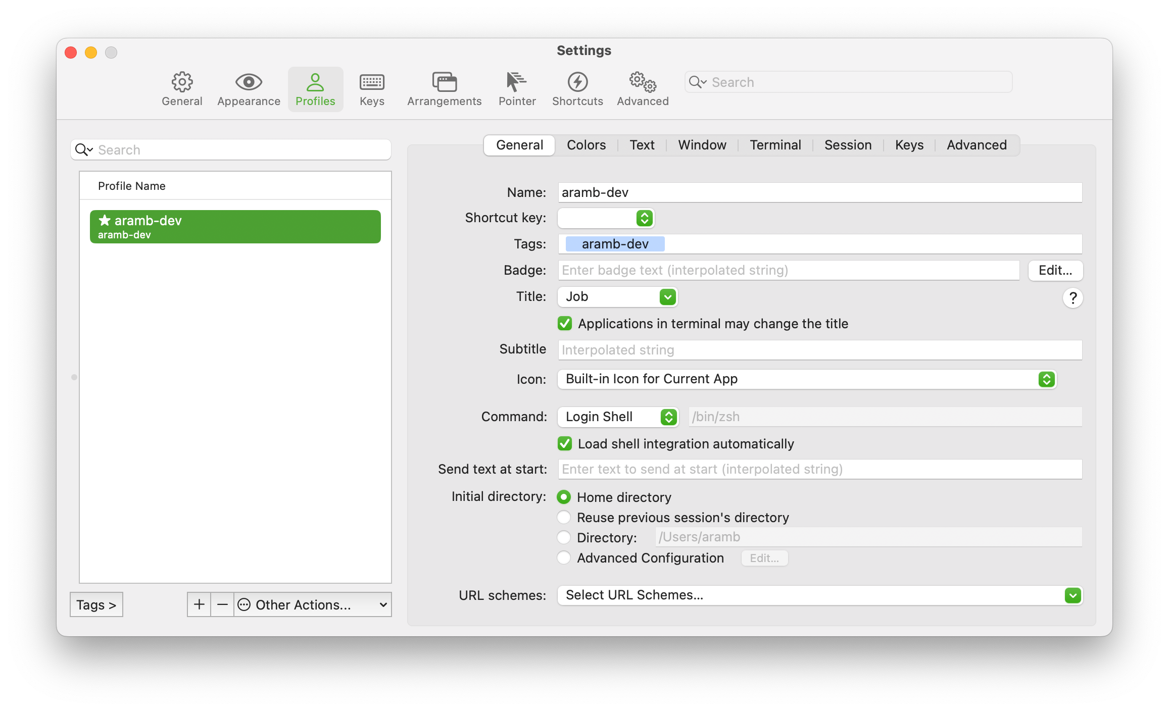 iTerm2 profile settings